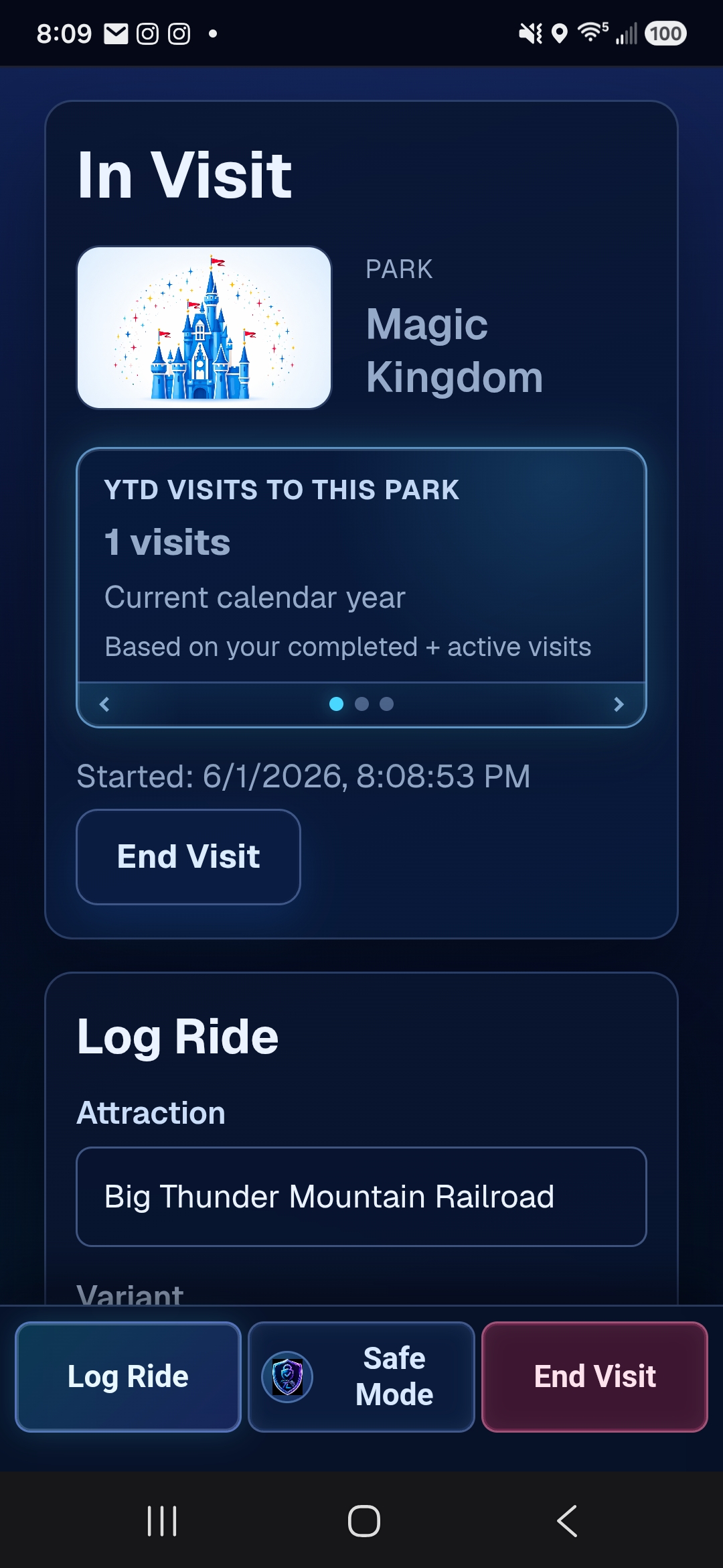 ThrillLedger Visit Park screen with active visit and Log Ride